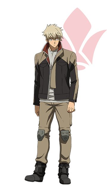 the image shows a male anime character standing in a casual outfit. he has blonde hair, brown eyes, and is wearing a black jacket over a white shirt, beige pants with knee pads, and brown boots. he is standing on a white background.