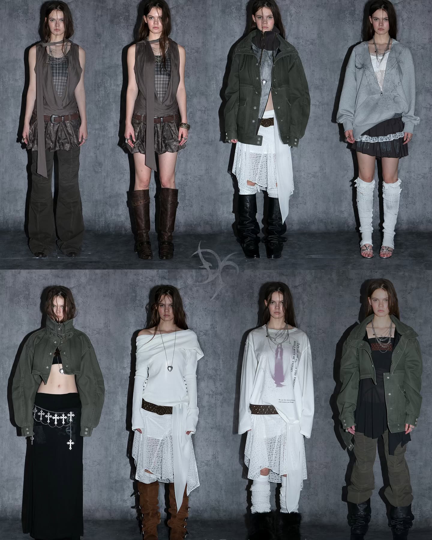 the image showcases a fashion photoshoot featuring eight female models displaying various outfits. each model is styled differently with a blend of grunge, alternative, and potentially postapocalyptic elements. the clothing features a mix of textures and silhouettes, including distressed fabrics, layering, and militaryinspired jackets.  the overall aesthetic is dark, edgy, and somewhat bohemian. the models are posed individually against a plain grey backdrop, emphasizing the clothing designs.  the clothing seems deliberately mismatched or designed to create a layered, deconstructed look.