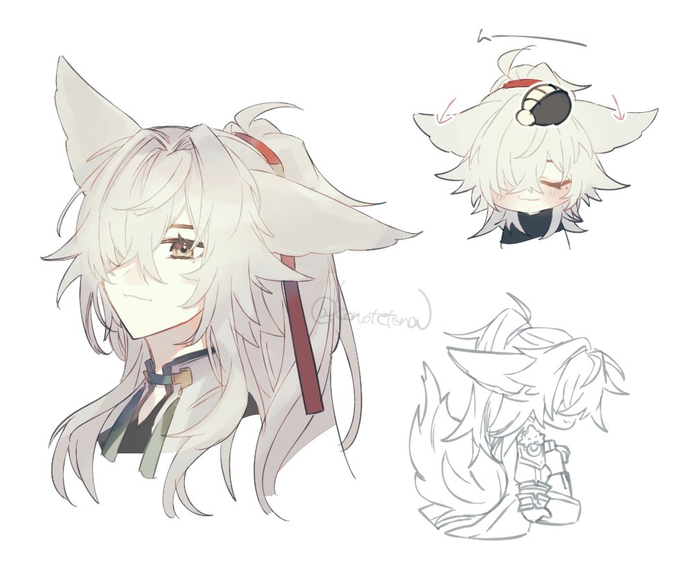 this digital drawing features an anime boy with long white hair, wolf ears, and a fox tail. he is wearing a red ribbon tied around his hair and has a sweet expression on his face. there are three drawings total, each depicting the character from a different angle. the drawing on the left shows the character from the waist up with his full hair and body visible. the top right drawing is a chibi of the character from the chest up. the bottom right drawing is a sketch of the character from the back.