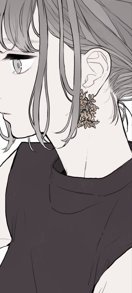 an illustration of a woman shown in side profile. she has grey hair with strands falling in front of her face. she is wearing a black shirt and has a floral earring. the style is simple with limited colors, mainly grayscale and a touch of brown.