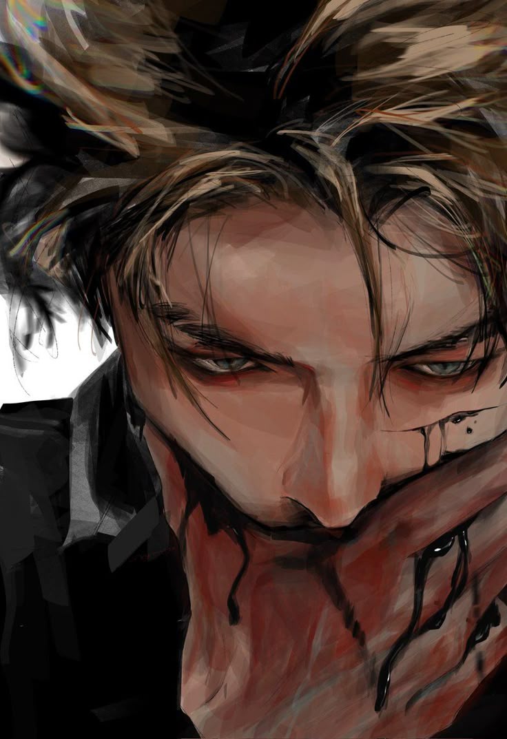 a digital art portrait of a man with messy blond hair and a dark, intense gaze. he is wearing dark clothing and has his hand over his mouth. there is blood or a dark liquid dripping from his mouth and hand. the artwork is rendered with visible brushstrokes and strong shadows, creating a dramatic and slightly disturbing atmosphere. he's looking down and the background is dark.
