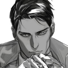 the image is a black and white, closeup illustration of a man with short, dark hair and sharp features. he appears to be deep in thought, with a serious expression on his face and his chin resting on his hands. he is wearing a suit jacket and a white shirt.  the dramatic lighting emphasizes his strong jawline and adds to the overall intensity of the image.