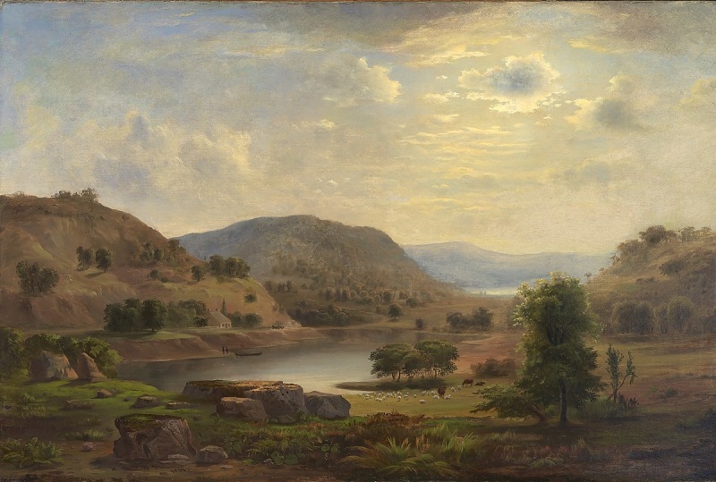 a landscape painting depicting a scene with mountains, hills, a lake, trees, and livestock. in the foreground, there are large rocks covered in moss and vegetation, along with grasses and other plants. beyond the rocks, there's a body of water, likely a lake or wide river. on the opposite shore, there's a small building and a boat near the water's edge. further into the scene, there are hills and mountains covered in trees. in a field, there are sheep and cattle grazing. the sky is filled with clouds and the sun is shining brightly, casting a warm light on the landscape.