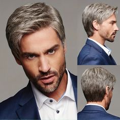 a man with a silver hair wig in different angles, showcasing a stylish and modern hairstyle. the images highlight the wig's natural look and the transformation it brings to the man's appearance.