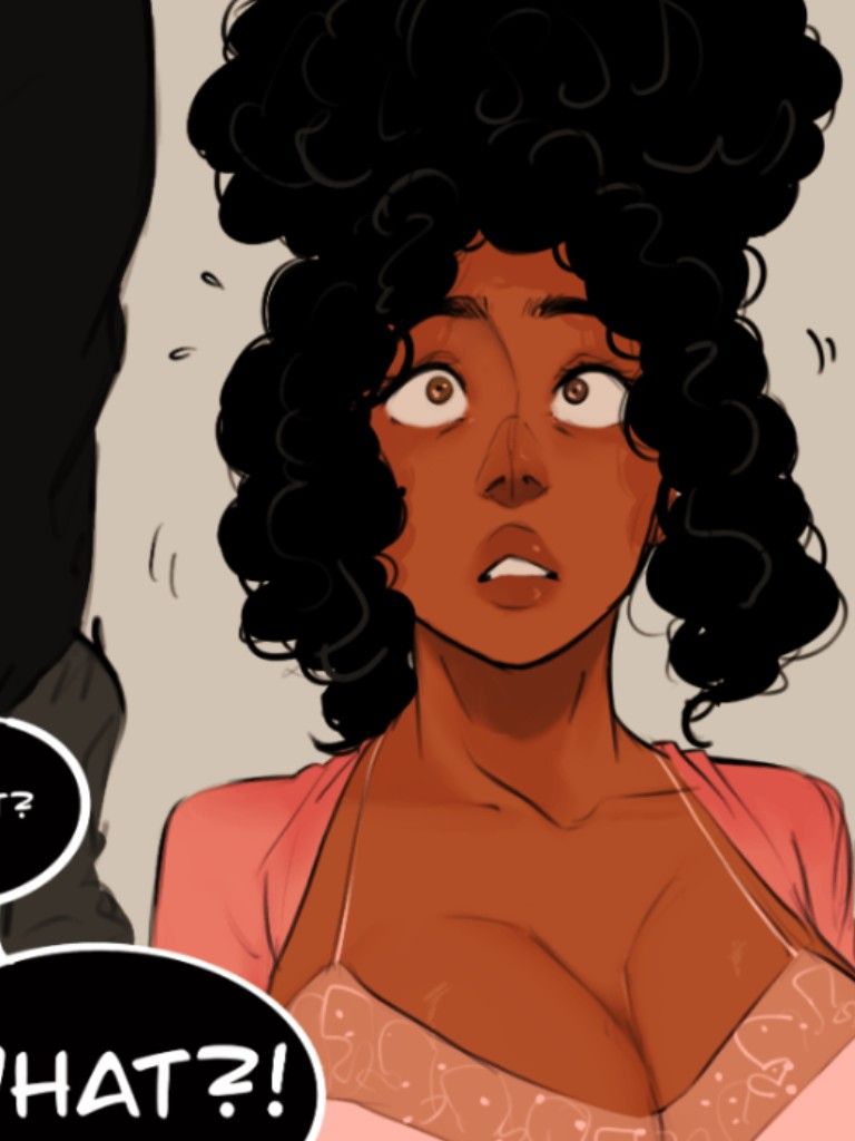 the image shows a closeup of a surprisedlooking black woman with a large afro hairstyle. her eyes are wide with shock, and her mouth is slightly open. she is wearing a pink robe. a speech bubble next to her reads, "what?!". only a sliver of another person's clothing is visible in the left corner of the image, suggesting a conversation. the style of the artwork suggests a scene from a comic or graphic novel.