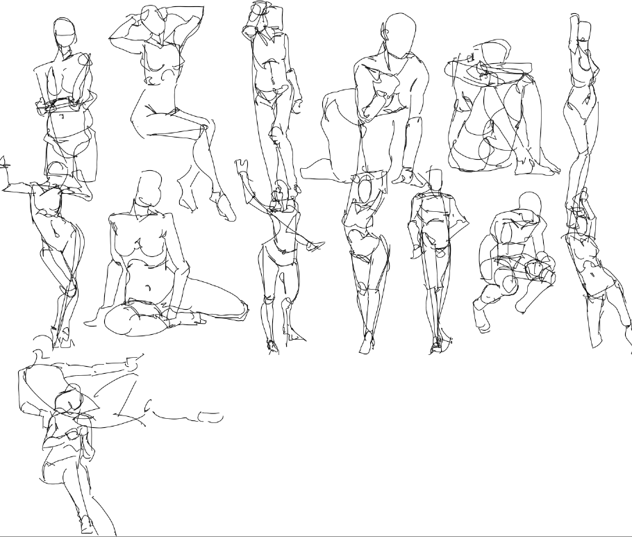 a sheet of paper filled with sketches of the human figure in various poses, in a line drawing style.  these sketches are likely gesture drawings, done quickly to capture the movement of the model.