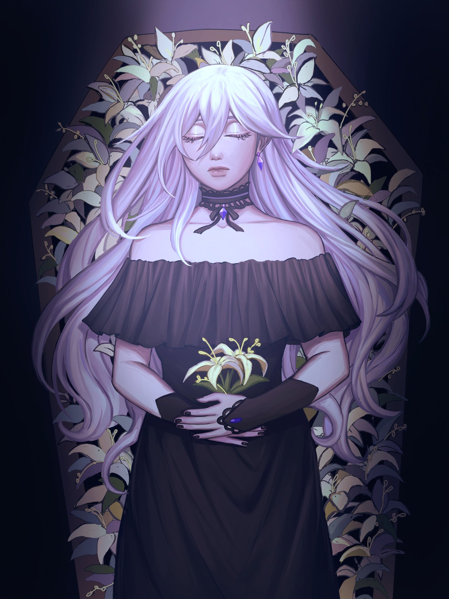 a pale woman with long white hair is lying in a coffin. she is wearing a black dress, and her hands are clasped in front of her.  she is surrounded by flowers, and the image is dark and atmospheric. the overall impression is one of death and sadness.