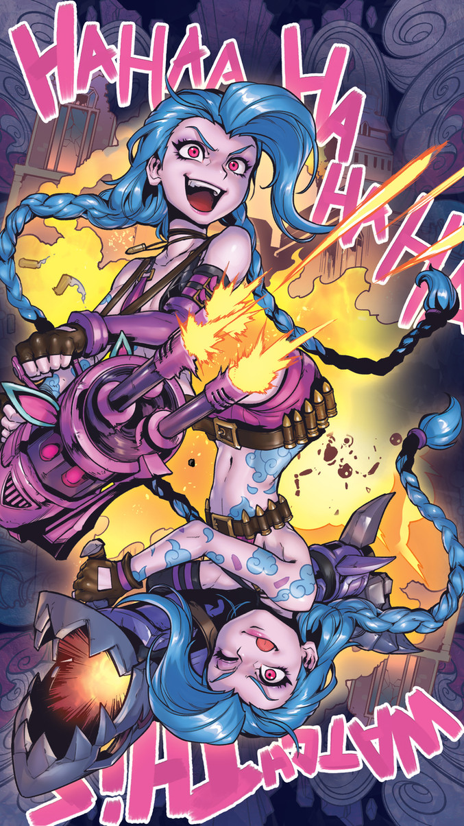 this image is a colorful and dynamic illustration of jinx from the popular video game league of legends. she is shown in the middle of a chaotic scene, firing her weapon, "powpow." the image is full of energy and motion, with smoke, fire, and explosions filling the background. jinx is a very popular and beloved character in league of legends and this illustration is a great example of her energetic and chaotic personality.