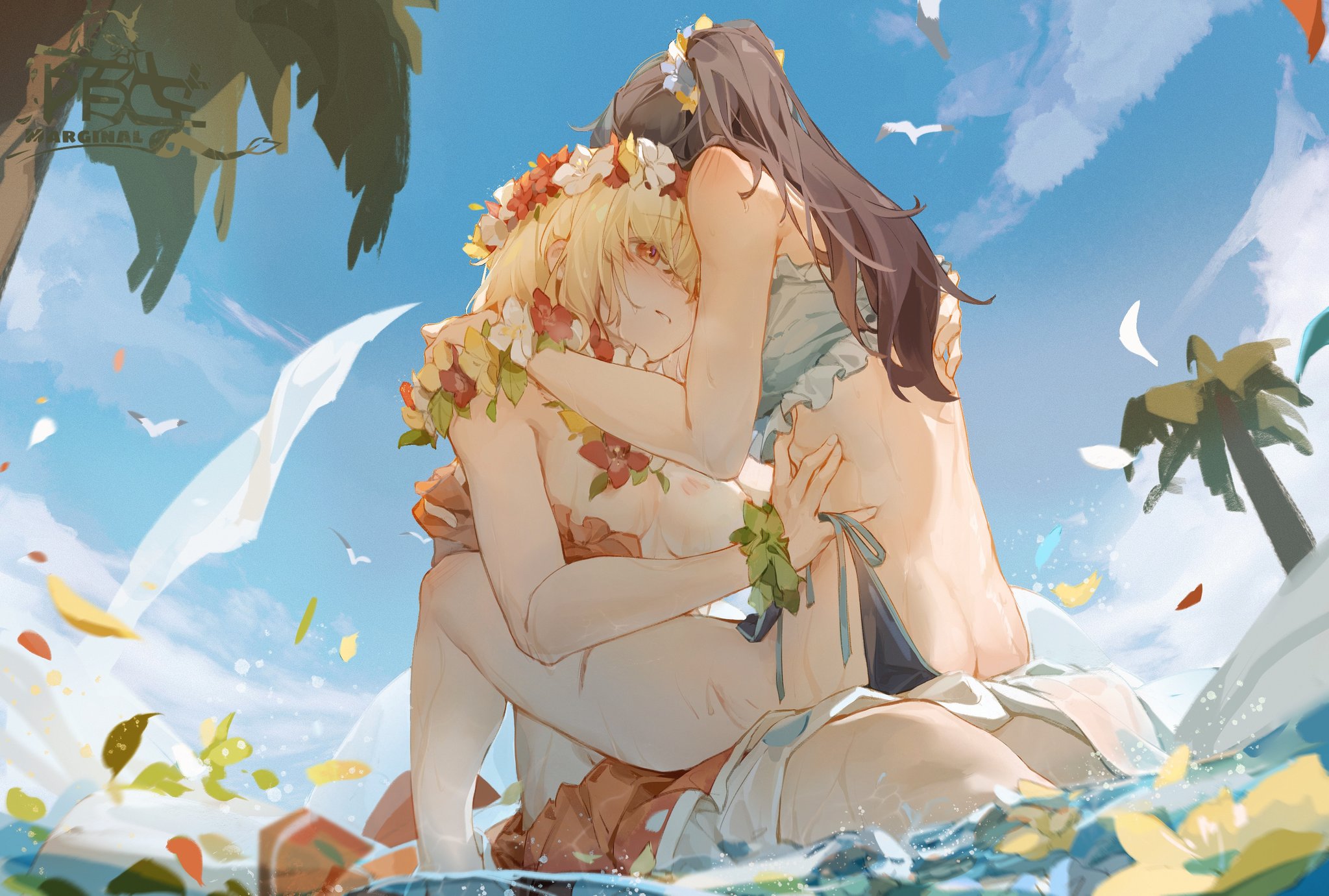 the artwork depicts two anime girls embracing affectionately on a tropical beach. one girl, with blond hair adorned with a flower lei, is being hugged by the other girl, who has brown hair and is wearing a lightcolored bikini.  the setting is idyllic, with clear blue skies, palm trees, and the gentle lapping of ocean waves. the overall mood is romantic and tender, emphasizing the close connection between the two characters. the art style is soft and painterly, using pastel colors and a dreamlike quality.  the scene is filled with floating flowers and petals, adding to its whimsical and romantic atmosphere.