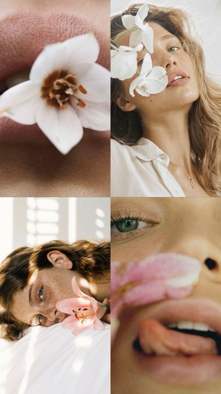 the image is a stylish collage featuring four closeup shots of different women.  each quadrant showcases a detail: top left: a woman's lips with a white flower delicately held between them. top right: a woman's face with white orchids framing her features. she is wearing a lightcolored collared shirt. bottom left: a woman with freckles lying down, partially visible, holding a light pink lily.  sunlight illuminates her face. bottom right: a close up of a woman's mouth, tongue and lips.  a pink petal rests on her lips.the overall aesthetic is soft, feminine, and sensual, highlighting natural beauty and the delicate interplay of flowers and skin.  the collage's arrangement and color palette create a cohesive and visually appealing whole.