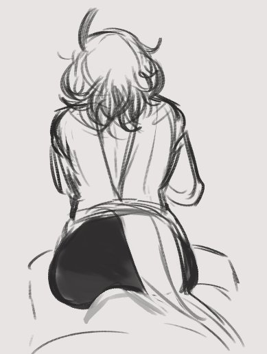 this is a rough sketch of a woman sitting down with her back to the viewer.  her long, wavy hair is pulled back and she has a simple dress on.