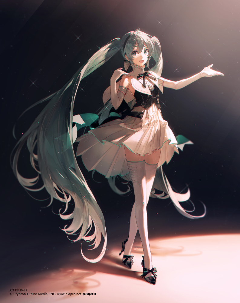 the image depicts hatsune miku, a popular vocaloid character, in a stage setting. she has long, flowing teal hair styled into twin tails. she wears a black and white dress with gloves, stockings, and heels. she is standing under a spotlight, smiling, and gesturing with one hand. the illustration is a fanart, likely created by bella.