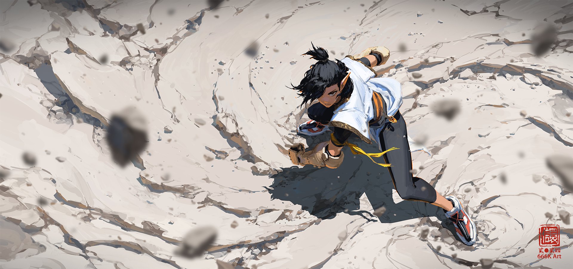 the image is a digital painting of an animestyle girl in a dynamic fighting pose.  she appears to be breaking apart the cracked, lightgrey ground beneath her feet, with debris flying around her. her clothing is a mix of sporty and flowing elements, suggesting both agility and power. the style is painterly and expressive, with a focus on movement and energy.  a chinese art stamp is visible in the lower right corner.