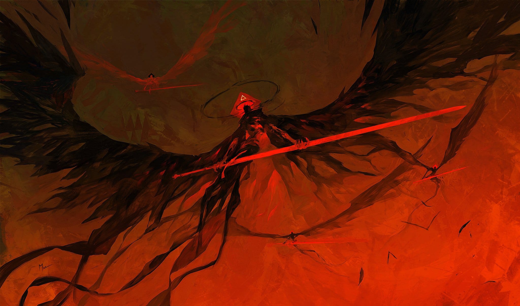 the image is a digital painting of a large, dark angellike figure with massive black wings. the figure is positioned centrally, holding a long, red spear.  it's wearing a distinctive triangular headdress. the background is a fiery, red and orange abstract landscape that gives an intense and dramatic feel. the style is expressive and somewhat abstract, focusing on mood and atmosphere over precise detail.  smaller, darker figures appear in the background, suggesting scale and possibly additional characters within this fantasy setting. the overall impression is one of power, darkness, and otherworldly majesty.