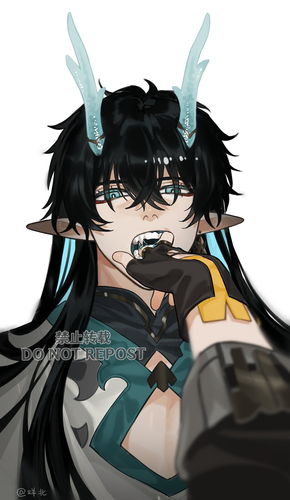 this is a digital art illustration of an anime character with demon horns, a blue and white outfit and a hand holding a fang. the illustration features a detailed closeup of the character's face and hand, with a sharp focus on the character's piercing blue eyes and a hand holding a fang. the illustration is set against a white background and has a stylistic and intricate design.