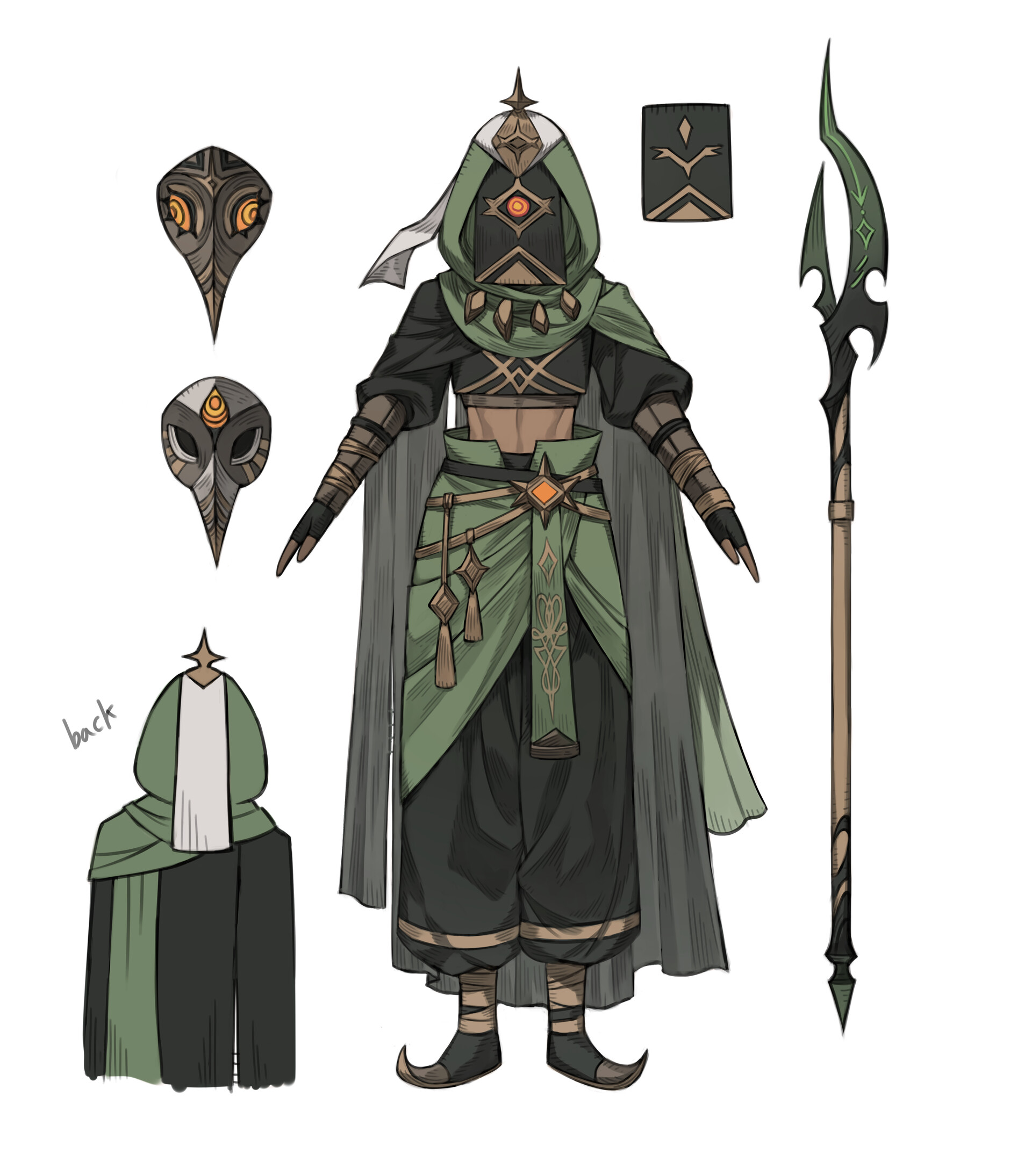 a digital illustration showcasing the front and back view of a character design concept. the character, potentially a warrior from a fantasy setting, wears a long green robe, a cropped top, and loose pants, all adorned with intricate gold details. the character is also equipped with a long spear, the head of which extends beyond the frame. the illustration includes details of a unique birdlike mask with two different perspectives. the background is a clean white, emphasizing the character design. the overall color scheme uses muted greens, browns, and golds.