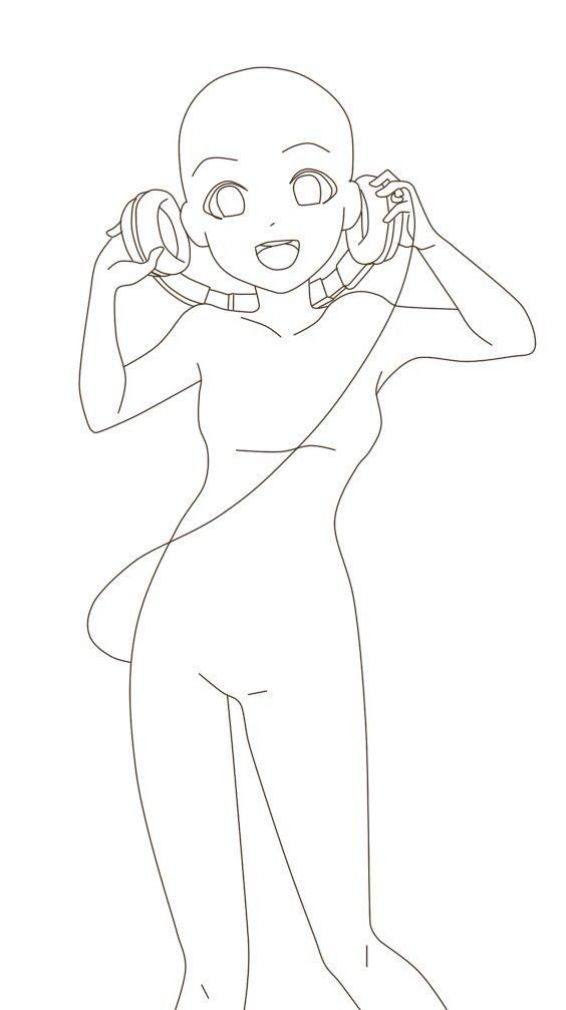 this is an outline, a basic drawing template, for a young woman with headphones.  she is drawn in a cartoon anime style. the pose is relaxed and casual with her arms held out at her sides. her hair is not drawn, just a basic head, and the rest of her body is just an outline. it is a drawing template that can be colored in and details can be added to it.