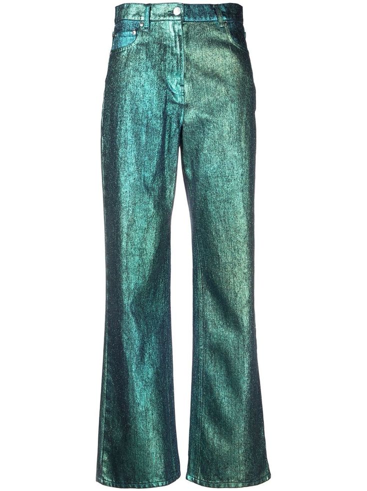 a pair of metallic, green, flare leg pants is displayed against a white background.