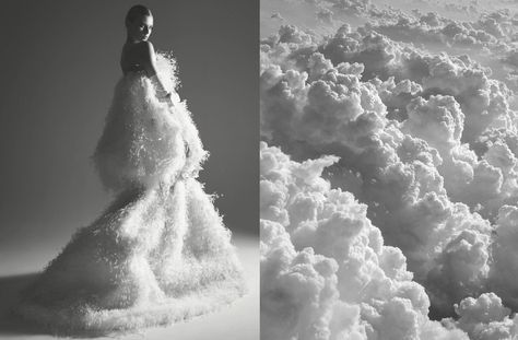 a black and white photo of a woman wearing a fluffy white dress that blends in with the clouds in the sky. the image is very ethereal and dreamy, with the dress and clouds flowing seamlessly together. the contrast between the black and white is stark, highlighting the delicate textures of the dress and clouds.