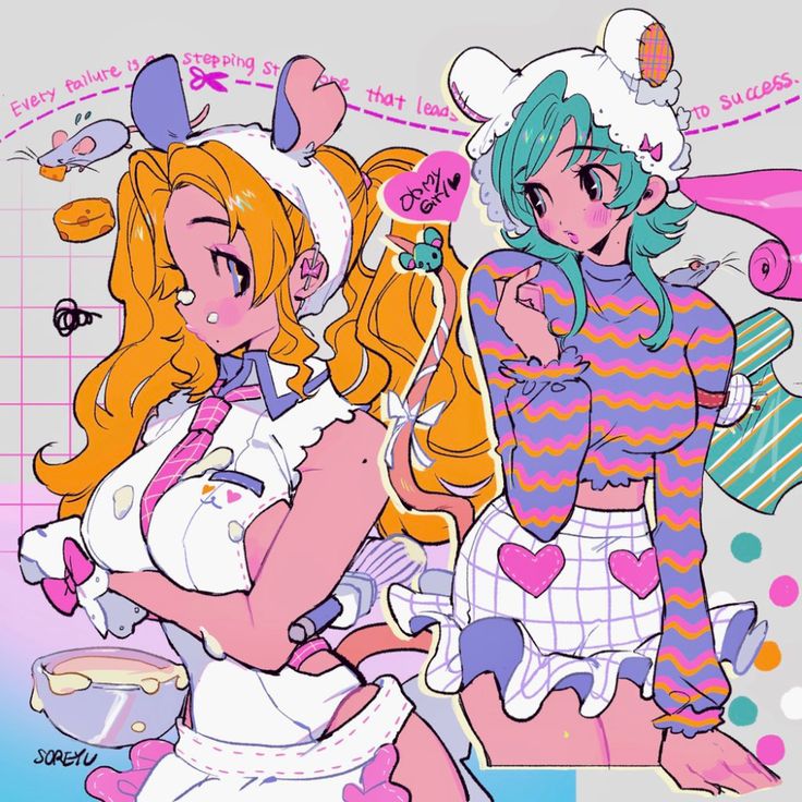 the image is a colorful illustration of two anime girls. they are both dressed in cute and colorful clothes. the girl on the left is wearing a white dress with pink accents and a pink bow in her hair. the girl on the right is wearing a purple sweater with a pink and white plaid skirt. they both have big eyes and smiles on their faces. there are also hearts, flowers, and bows around them. the background is a pastel pink and blue checkered pattern. the image is very cute and girly.