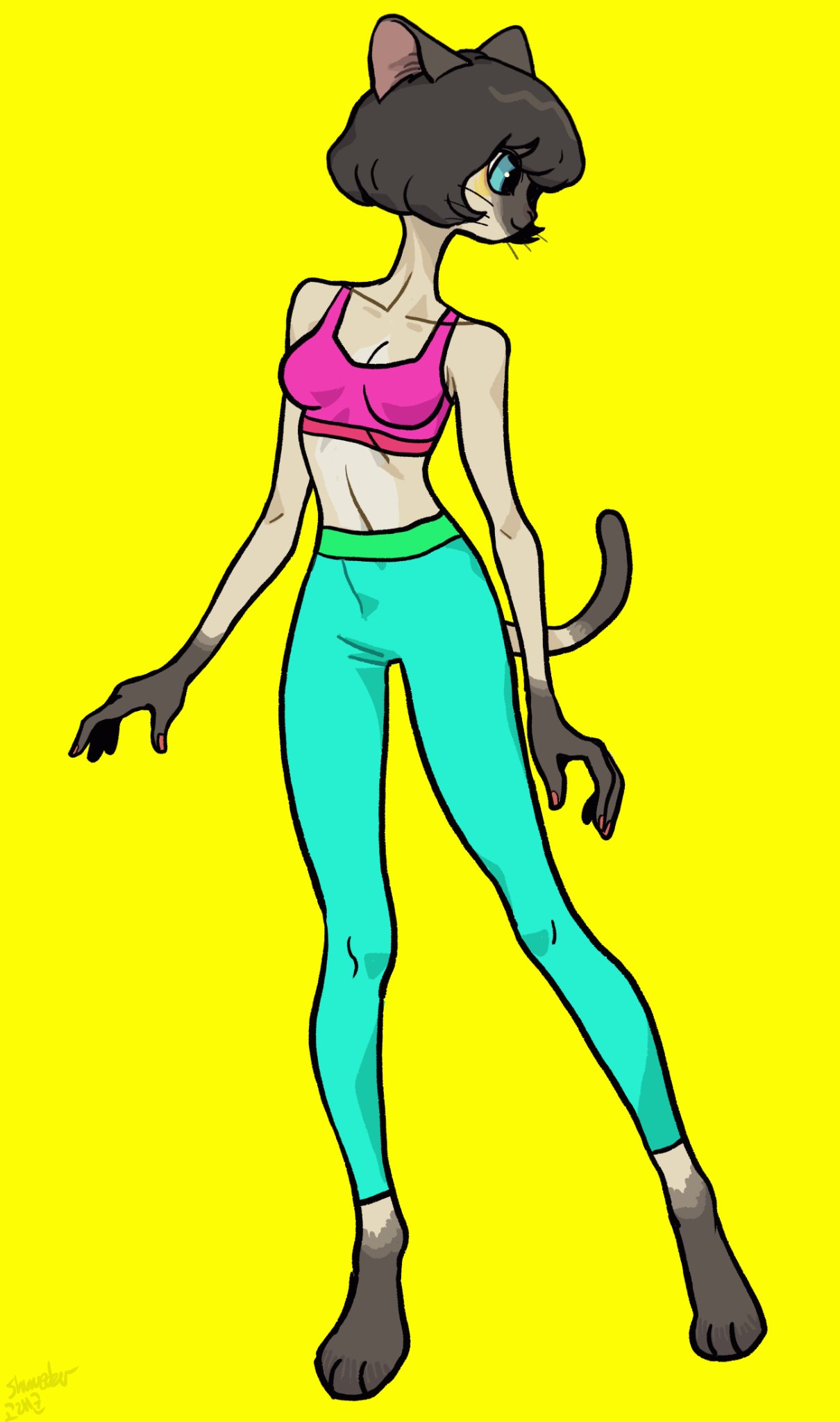 a cartoon illustration of a woman with a cat's head,  dressed in teal leggings and a pink sports bra, standing with a relaxed pose. her tail is swishing behind her.