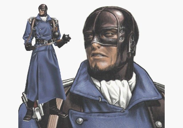 the image presents a dual depiction of a video game character. on the left is a fullbody illustration of the character wearing a long, dark blue militarystyle coat with shoulder straps, high boots, and a dark mask that covers the entire face except for a small portion of the chin and jawline. he holds what appears to be a bomb or grenade. the right side shows a closeup portrait of the character's face, highlighting the texture and details of the mask and showcasing a serious expression. the character's overall design has a blend of military and steampunk influences.  the style of the artwork is highly detailed and reminiscent of concept art for a video game.