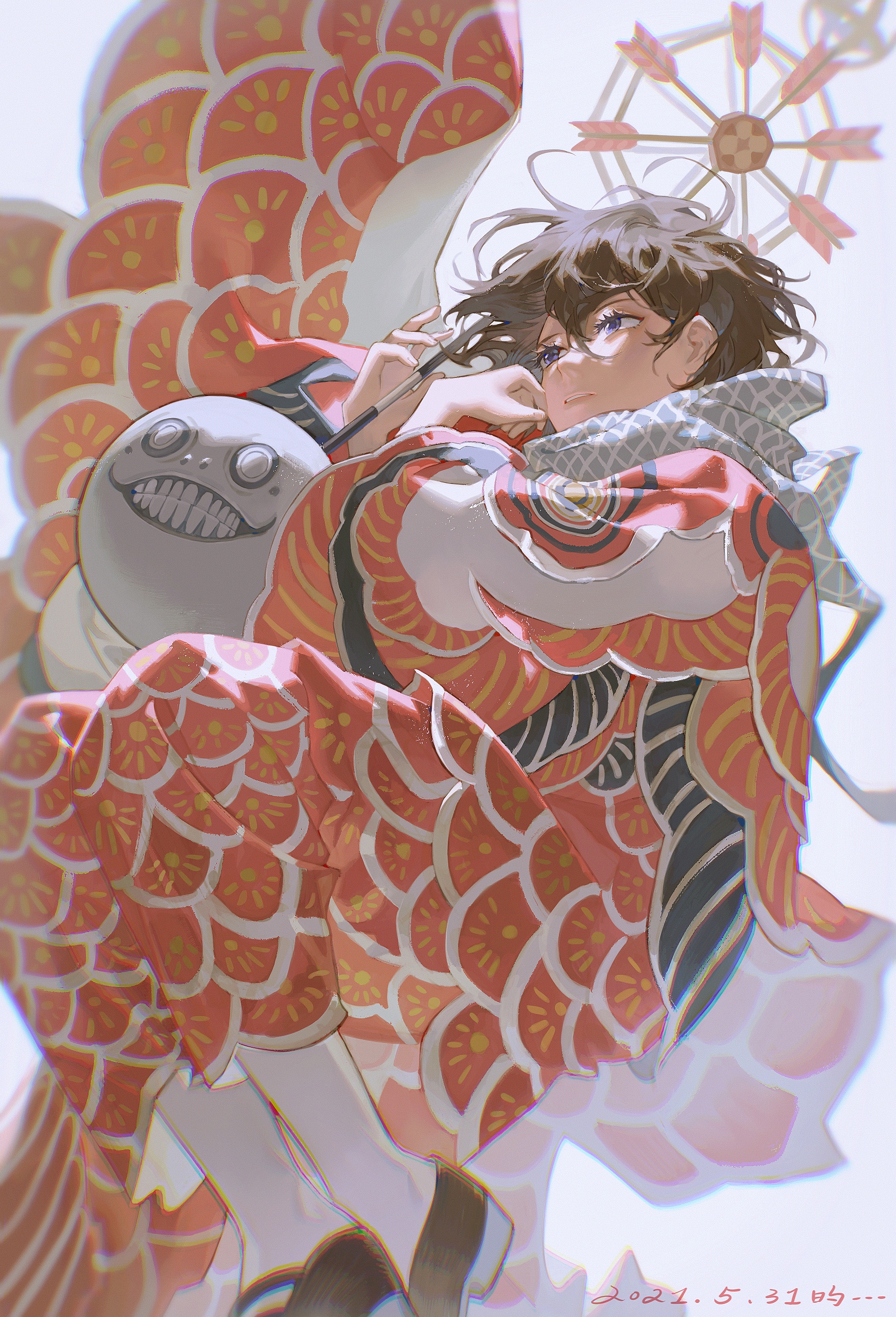 the image is of an anime girl with brown hair and black eyes, she is smiling and looks happy as she holds a paintbrush in her hand and is dressed in a red and white kimono with a traditional japanese pattern. she is standing in front of a bright, white, cloudfilled sky with a windmill in the background. the overall image is very cute and joyful, with a sense of whimsy and magicalness, which is emphasized by the soft and pastel colors used. it is a great example of how artists can use anime to portray beautiful imagery and to tell stories through visual language.