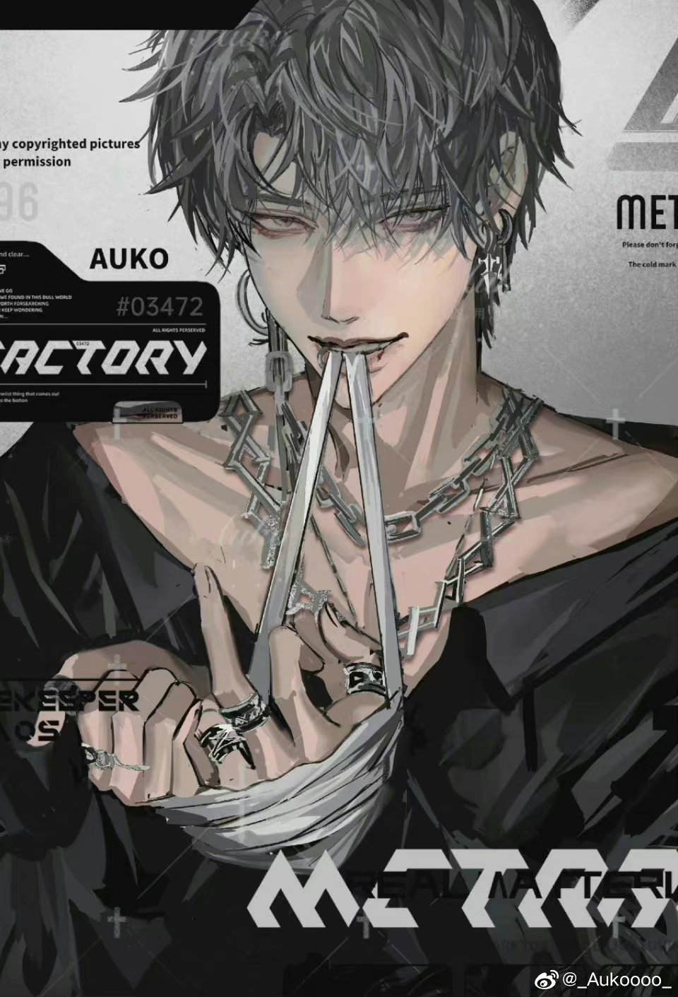 a black and white illustration of an anime man with dark hair, pale skin, and dark eyes. he is wearing a black shirt, a silver chain necklace, and silver rings on his fingers. his right hand is wrapped in white bandages and he is holding three white sticks in his mouth. the background is dark with white text and lines.