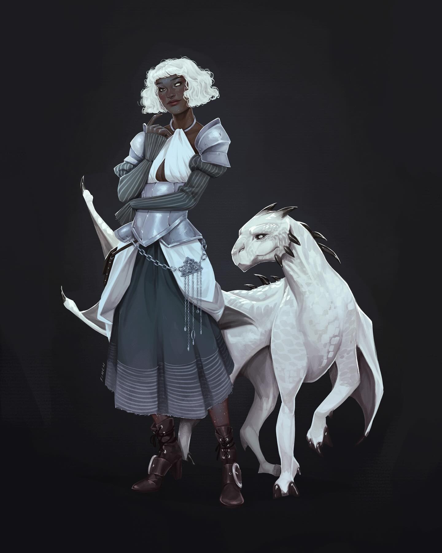 the image is a digital painting of a fantasy character, a darkskinned woman with white hair, wearing a silver breastplate over a long teal dress. she is standing next to a white dragonlike creature.  the woman has a confident and slightly mysterious expression. the overall style is elegant and detailed, suitable for fantasy art, game design, or book illustration. the dark background highlights the character and creature.