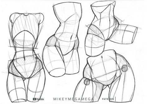 the image shows four different sketches of a female torso from various angles. the sketches highlight the musculature and underlying structure of the body, using lines and crosshatching to indicate form and volume. the artist appears to be focusing on anatomical accuracy and using these sketches as a study for figure drawing.