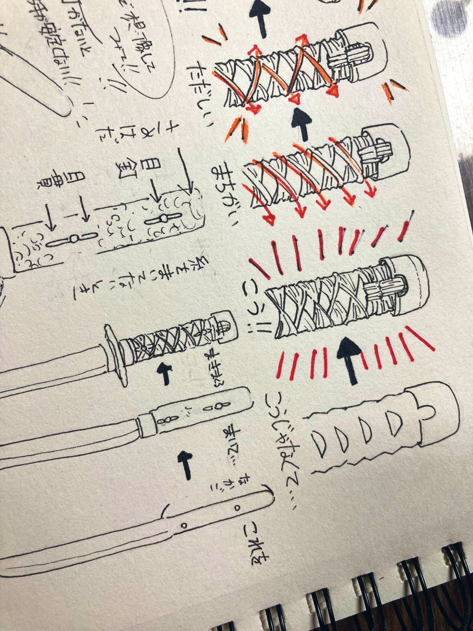 the image is a handdrawn sketch showing the process of wrapping the handle (tsuka) of a japanese sword.  multiple sketches depict the different stages of wrapping the ito (cord) around the tsuka, with annotations in japanese providing instructions or explanations. there are also drawings of different types of japanese swords (katana, wakizashi, and possibly a tanto), likely to illustrate the application of the handle wrapping technique.  the style is informal, resembling a personal work notebook or study notes rather than a formal illustration. the focus is on the meticulous handwrapping process, shown in detail with arrows and explanatory notes.