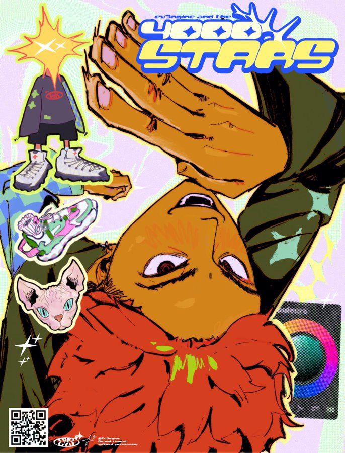 this is a digital illustration of a cartoon character with red hair and orange skin. the character is wearing a black jacket, with a cat sticker on it. the character is looking up and has a surprised expression on their face. the background is a colorful mix of abstract shapes and doodles, with the words "good stars" in a bold, playful font. the image has a whimsical, playful style and is full of energy.