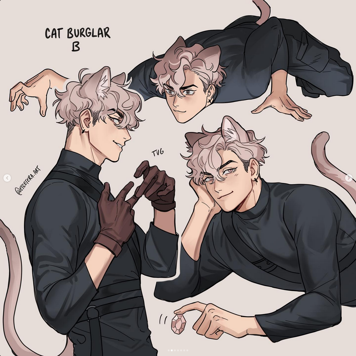 a digital character design concept sheet of a male character labeled “cat burglar b”. he has short, curly white hair, cat ears, and a matching tail. the character is shown in 4 poses, all showcasing different angles of his design and personality.  the character has a mischievous smirk in all the poses, hinting at his profession as a thief. the use of soft lighting and dynamic perspective adds to the overall appeal of the character design.