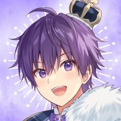 the image is a portrait illustration of an anime boy. the boy has purple hair, purple eyes, and is wearing a crown, implying he is a prince. he is smiling happily with his mouth open, showing his teeth. surrounding him are sparkles and white lines that radiate out from behind him, as if he was drawn on a notebook. overall, the image is cute and stylized.