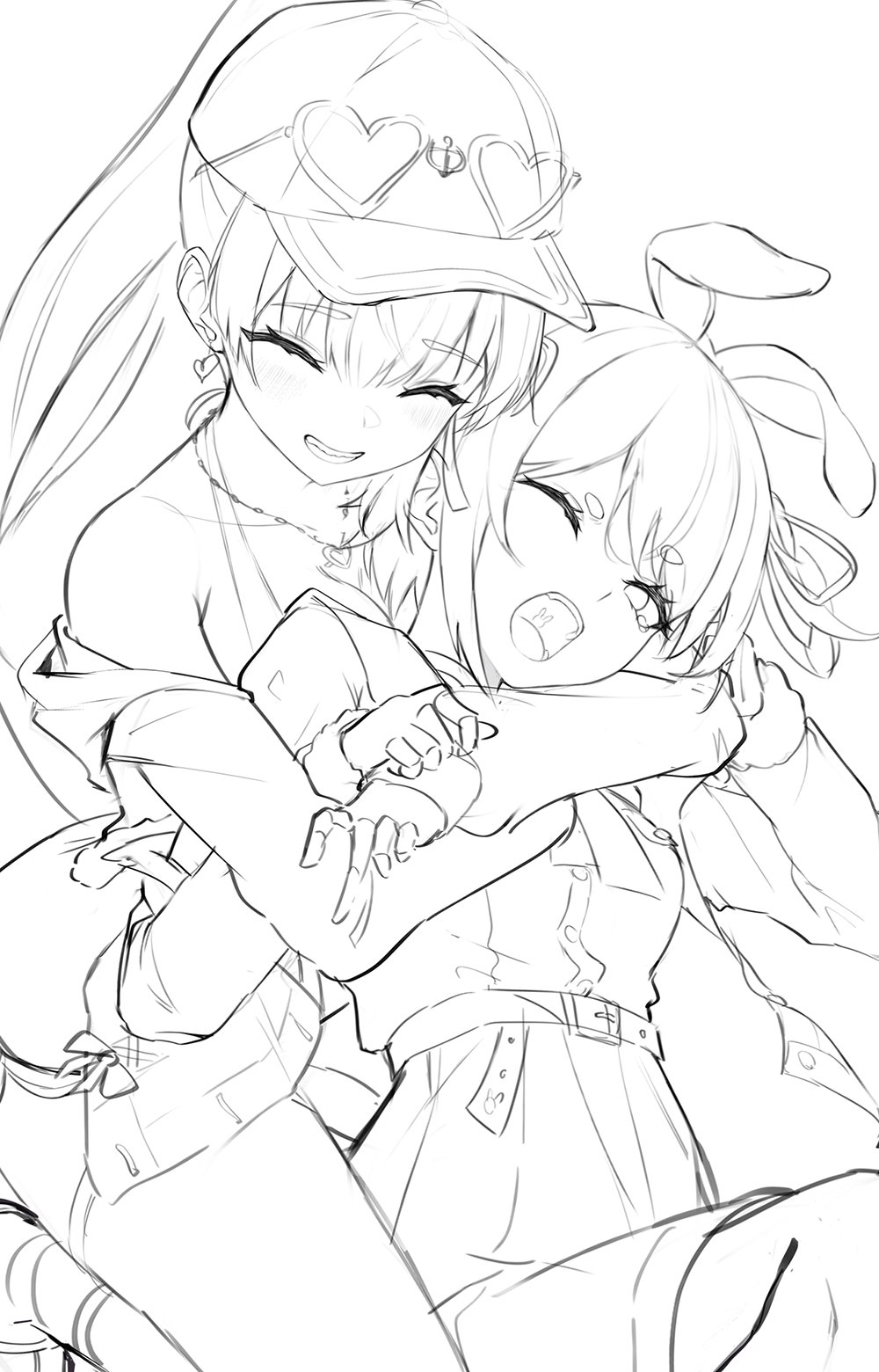 he image is a black and white line drawing of two anime girls hugging each other tightly. the girl on top is wearing a cap with heartshaped decorations. the girl on the bottom has bunny ears.  both appear happy and affectionate. the style is a rough sketch, giving it a casual, dynamic feel. the lines are expressive, and the overall composition emphasizes the closeness of the two figures.