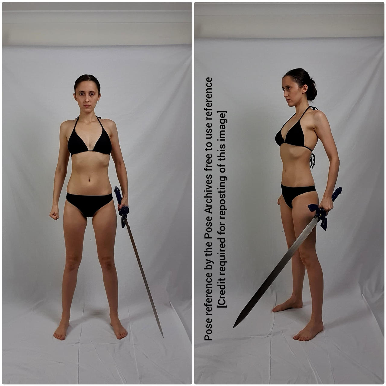 a woman in a black bikini stands in two different poses against a white backdrop, holding a sword. in the left image, she stands facing forward with the sword held down at her side. in the right image, she stands in profile with the sword held diagonally across her body. ```