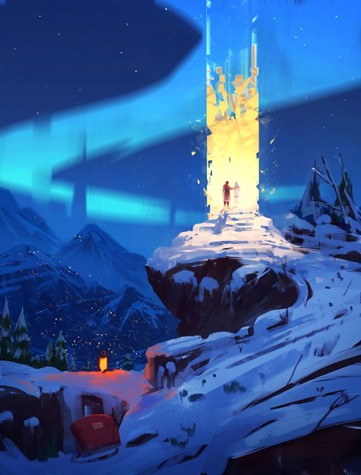 this image is a digital artwork featuring a snowy mountain landscape at night. an aurora borealis is visible in the sky above the mountains. on a high point, a large, glowing tower with stairs leading up to it emanates light. two small figures stand at the entrance of the tower. in the foreground, there's a small cabin with a light outside.