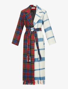 a longsleeved coat with a red and blue plaid pattern on one side and a blue and white plaid pattern on the other side. the coat has a belt and is a chic and stylish piece of clothing.