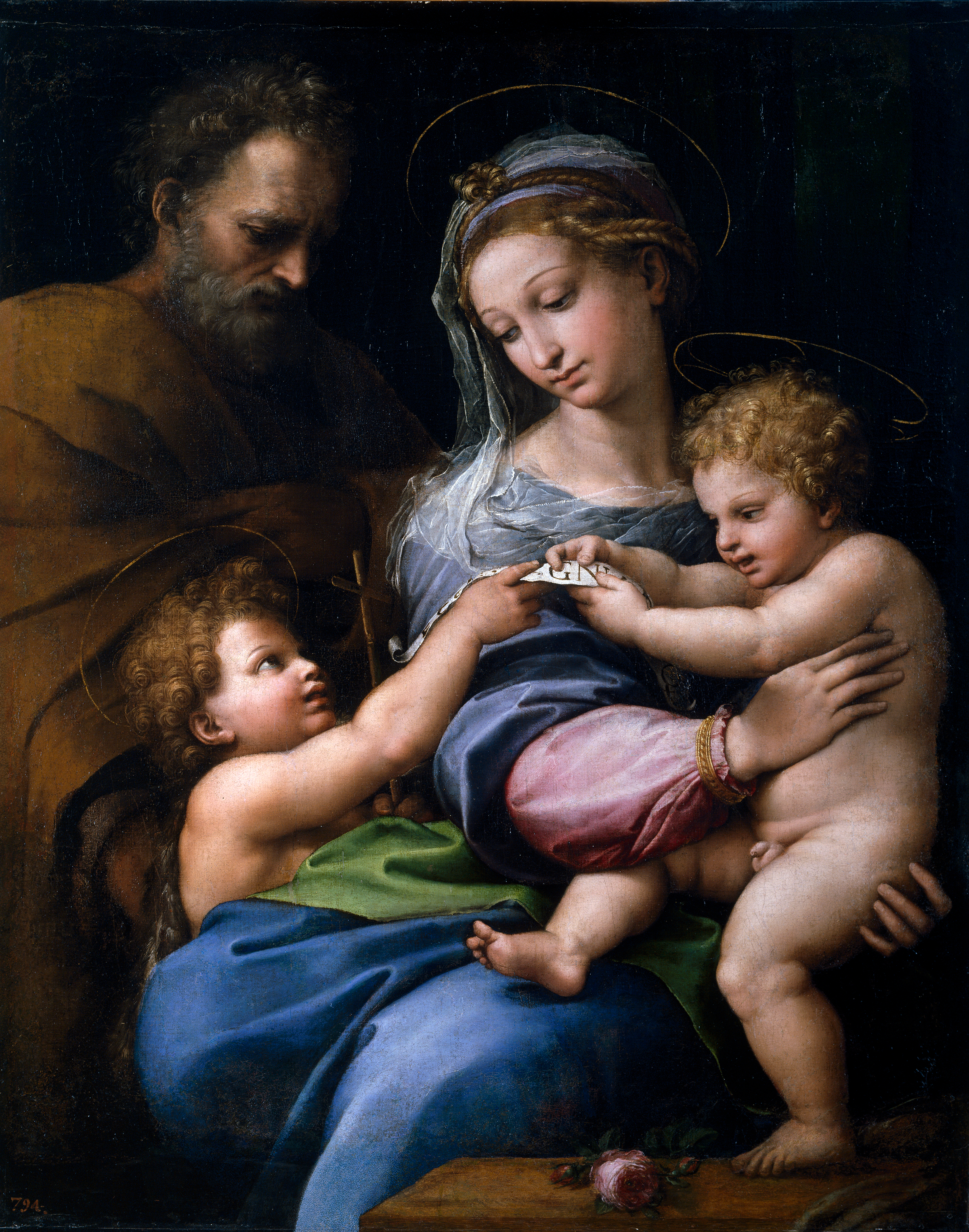 this oil painting on canvas depicts the holy family. the virgin mary, with a serene expression, cradles the baby jesus in her arms. joseph, her husband, looks on with a gentle gaze, his hand resting on the back of the baby. a young john the baptist, kneeling at the virgin's feet, offers a scroll to the baby jesus, symbolizing his future role as the forerunner of christ. the painting is a classic example of renaissance art, with its balanced composition, meticulous detail, and realistic depiction of the figures. the soft lighting and harmonious colors create a sense of peace and devotion.