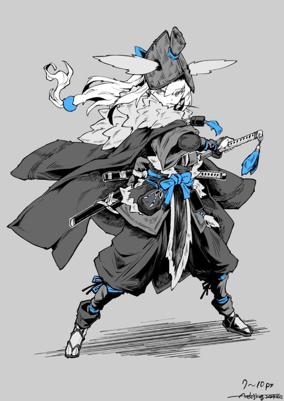 this dynamic black and white illustration features a young female samurai in a battleready pose. she wears a flowing outfit with traditional elements like a kimonostyle top and hakama pants, combined with a thick, furlined cape. her most striking feature is a large hat resembling stylized rabbit ears. her expression is fierce and determined as she grips a katana sword, its blue tassel mirroring the accents on her hat and waist sash. the overall style is reminiscent of anime and manga, with bold linework and exaggerated anatomy that accentuate the action and energy of the scene.