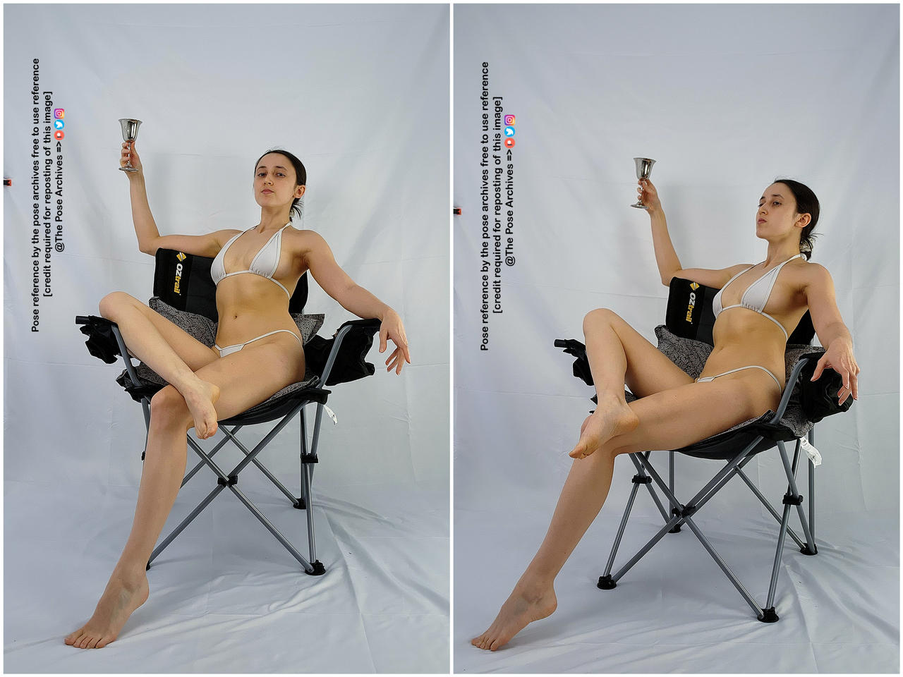 this collage features two slightly different poses of the same woman sitting in a folding chair. she is holding a small metallic cup in her right hand, and her left hand rests on the armrest of the chair. the woman is wearing a white bikini and has a necklace with a large pendant. the background is plain white, and the lighting is soft and natural.