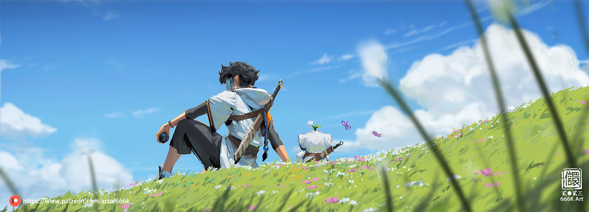 the image is a digital painting in an anime style, depicting a male character sitting on a grassy hillside overlooking a vibrant landscape. the character, seen from behind, is wearing a hooded cloak and has a sword strapped to his back. he appears to be relaxed and contemplative, taking in the peaceful scenery.  the background features a bright blue sky filled with fluffy white clouds. the foreground shows a field of wildflowers and tall grass, with a small, fluffy creature sitting beside the character. the overall mood is serene and peaceful. there's a stylized artist signature present in the bottom right corner. the artistic style is light and airy, with soft, vibrant colors. the piece likely comes from an artist's portfolio page, as evidenced by the patreon and artstation links in the bottom left corner.