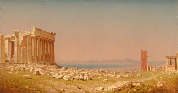 this is a painting of the ruins of the parthenon on the acropolis in athens, greece. the parthenon is a doric temple with columns and is mostly in ruins. the sky is clear and the horizon features mountains and the sea. in the middle ground, there are scattered ruins and two people. another structure and more ruins are visible to the right. the overall impression is one of ancient history and architectural grandeur.