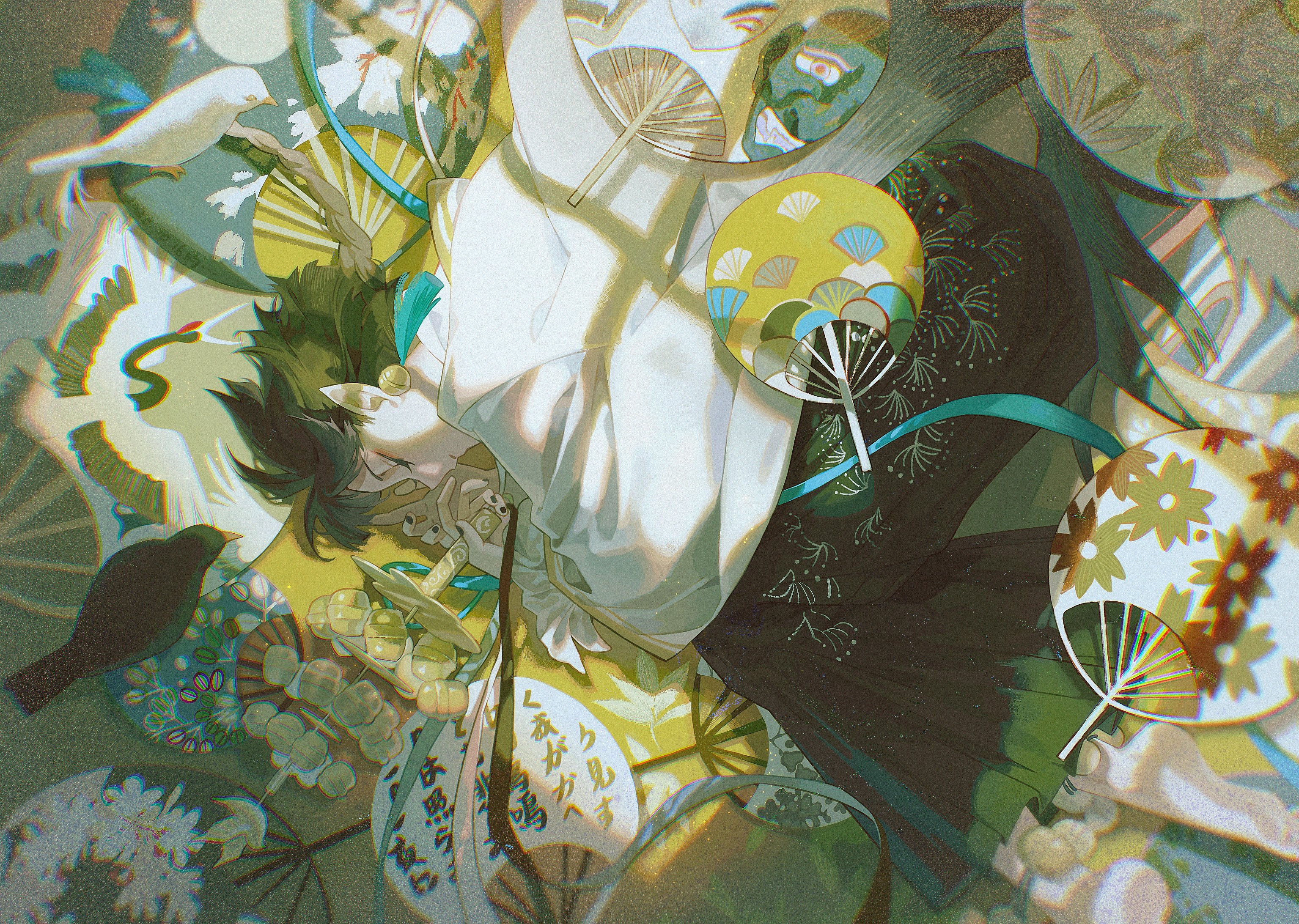 a digital illustration of a young anime man, possibly asleep, in a fantasy setting. he is laid out in a sprawling pose against a background of flowers, fans, and other patterns. he wears a white shirt and black pants and his black hair is spread out around him. his hand rests on his chest and he holds a fan.  the scene has a surreal and dreamlike atmosphere.