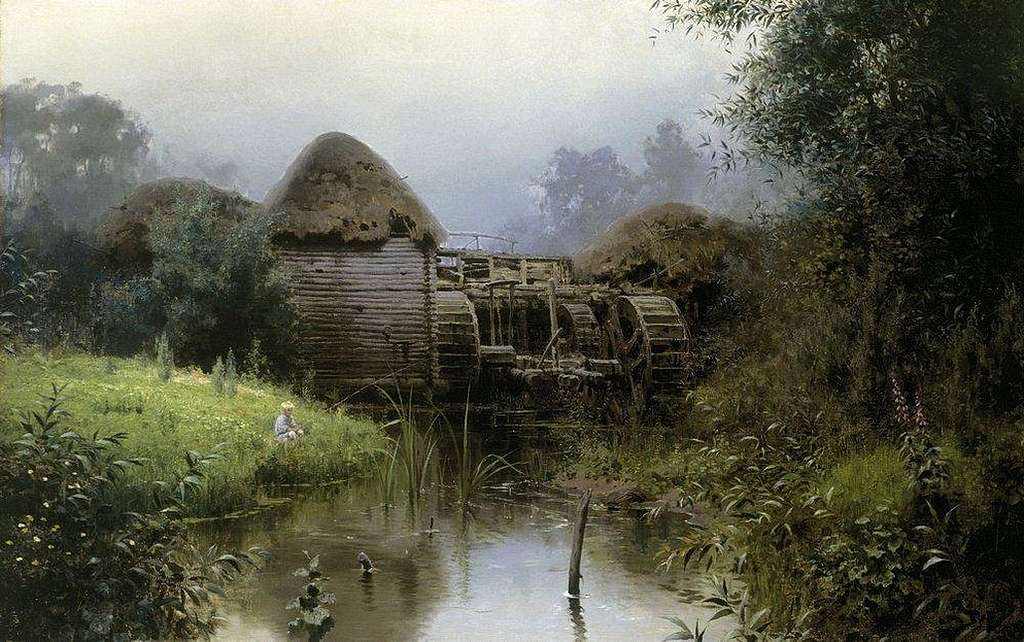 the image is a painting of a rural landscape featuring a water mill with a thatched roof beside a river. the mill is made of wood and has multiple water wheels. dense foliage and trees surround the mill and river, creating a lush green environment. a person is visible near the riverbank in the grass. the atmosphere is hazy or foggy, contributing to a sense of tranquility. water plants are growing in the river.