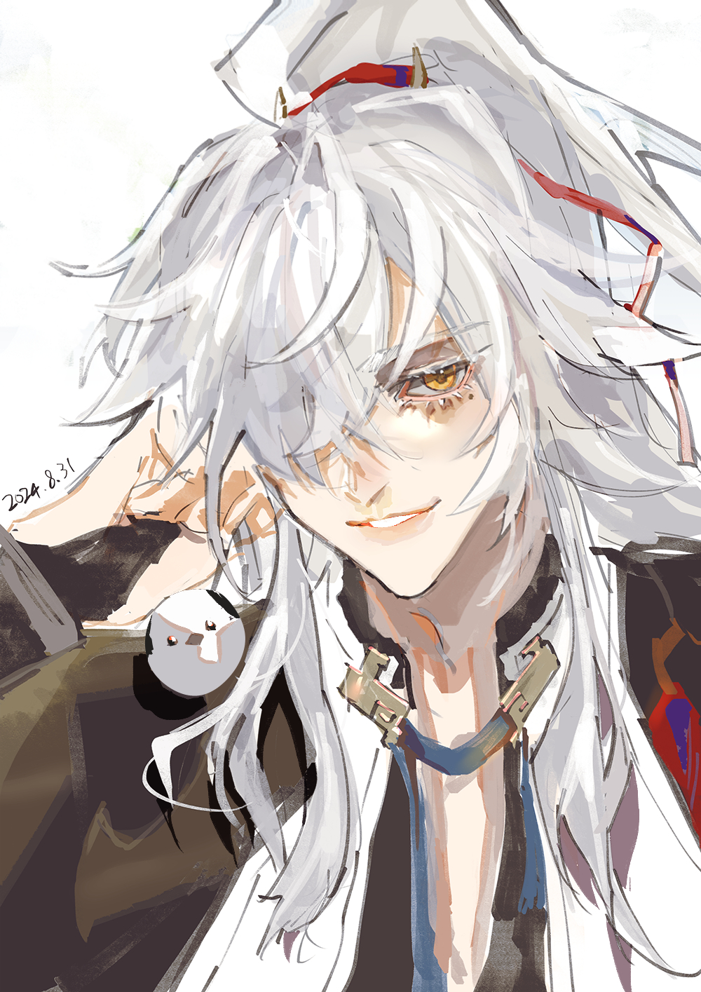a closeup portrait of a handsome young anime male with long, white hair, wearing a white shirt with a red tie, and a gold chain necklace. he has red eyes with gold highlights and is smiling happily. the background is a soft, white blur.