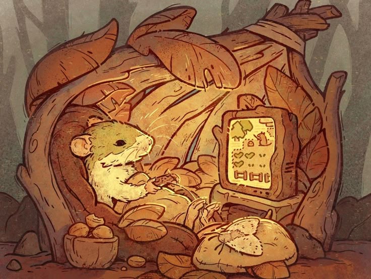 a cartoon illustration of a mouse inside a cozy leaf nest playing a video game. the screen shows a game with trees, a squirrel, hearts, and other symbols. the mouse is eating nuts from a bowl. the nest is constructed from leaves and branches. a mushroom and pillow is located in front of the screen.