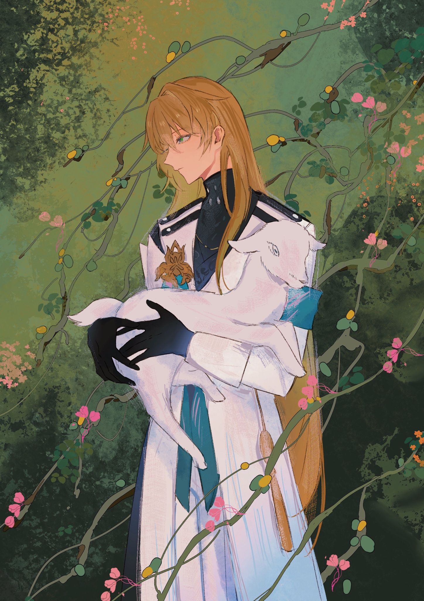 the image is an animestyle illustration of a young man with long blonde hair and blue eyes. he is wearing a white dress coat with blue accents, and he is holding a white lamb in his arms. the background is a forest scene with green vines and pink flowers.