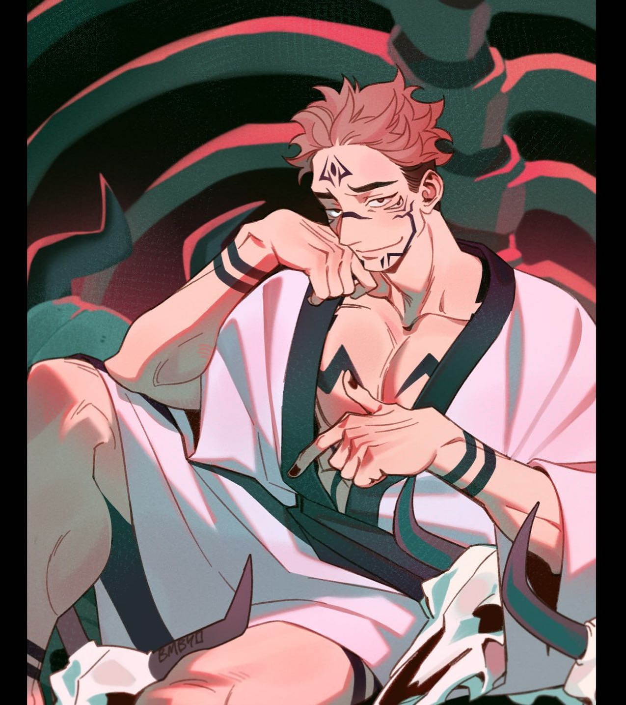 the image is a digital fanart depicting a muscular animestyle male character. he is seated, wearing a partially open white kimono with dark accents.  his body is adorned with intricate tattoos and he has several scars visible on his face. he has reddishblond hair and a confident, almost smirking expression. his pose is relaxed but suggestive. the background is dark and features stylized, swirling lines that resemble bones or skeletal structures.  skulls are partially visible in the foreground and at the lower part of the image.  the overall style is dramatic and stylized, with strong contrasts in lighting and color. the art is highly detailed, with careful attention to anatomy and texture.