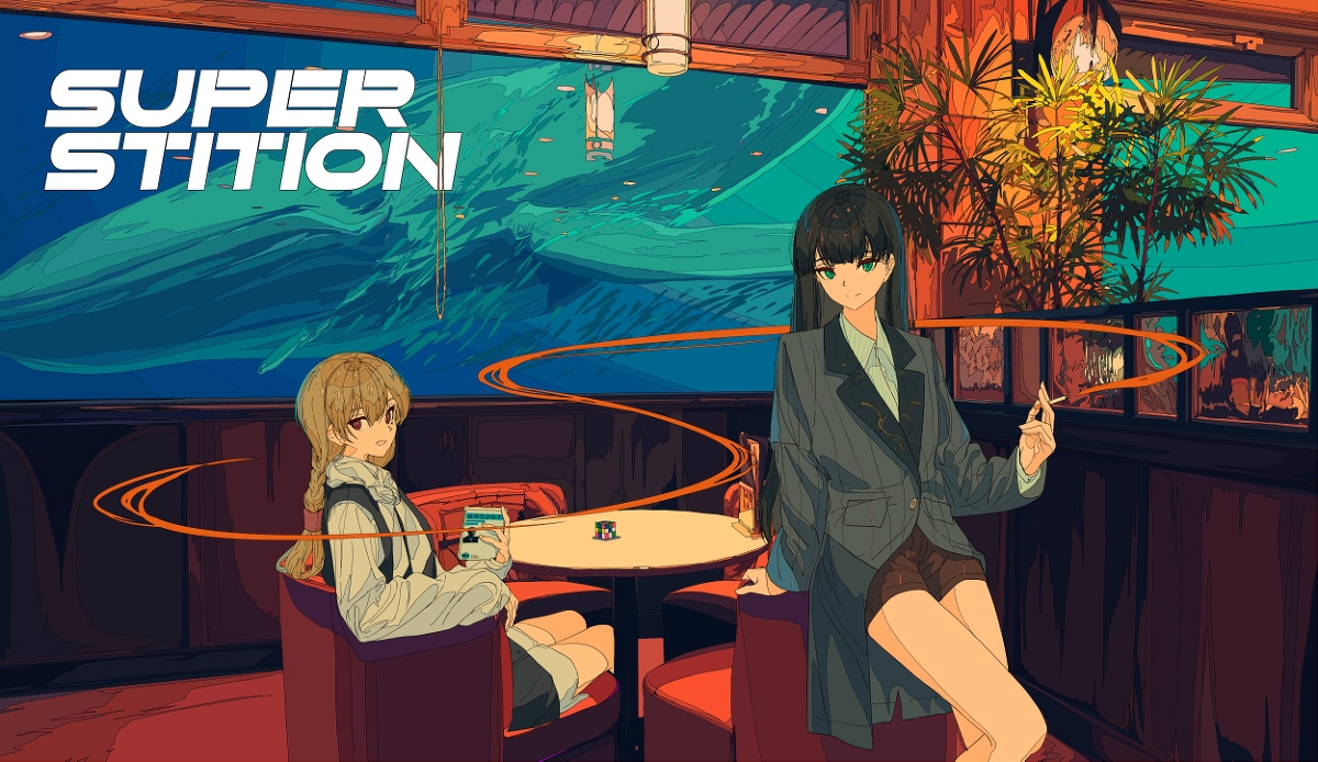 the image is a digital painting or illustration in an anime style, depicting two young women sitting at a small table in a dimly lit cafe or restaurant. the cafe has a unique design, with a large aquarium or fish tank featuring a whale as a prominent backdrop.  one woman has long black hair and is wearing a stylish gray jacket and shorts, holding a cigarette. the other has long blonde hair in braids and a more casual outfit. both women appear calm and somewhat mysterious.  the title "super stition" is displayed prominently at the top of the image.  the overall atmosphere is stylish, calm, and slightly mysterious, with a blend of warm and dark lighting.  a swirling orange line appears to connect the two women.